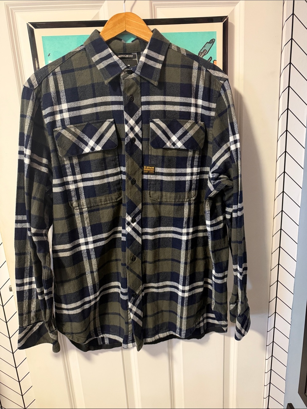 G-Star Olive and Navy Plaid Button-Down Shirt